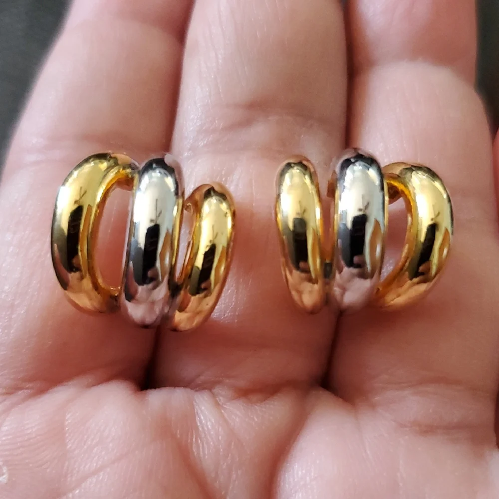 Two Tone Triple Hoop Earrings Gold Silver Mixed Metal Chunky J-Hoops Post Back